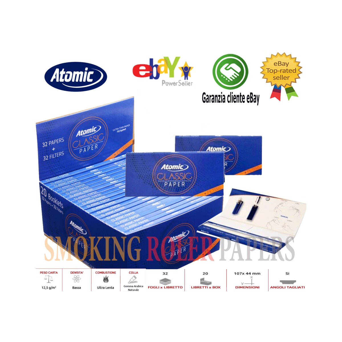 Cartine Atomic Maxi Pack Classic Lunghe King Size Slim + Filtri In Carta 20 Libretti | Foto principale prodotto Cartine Atomic Maxi Pack Classic Lunghe King Size Slim + Filtri In Carta 20 Libretti