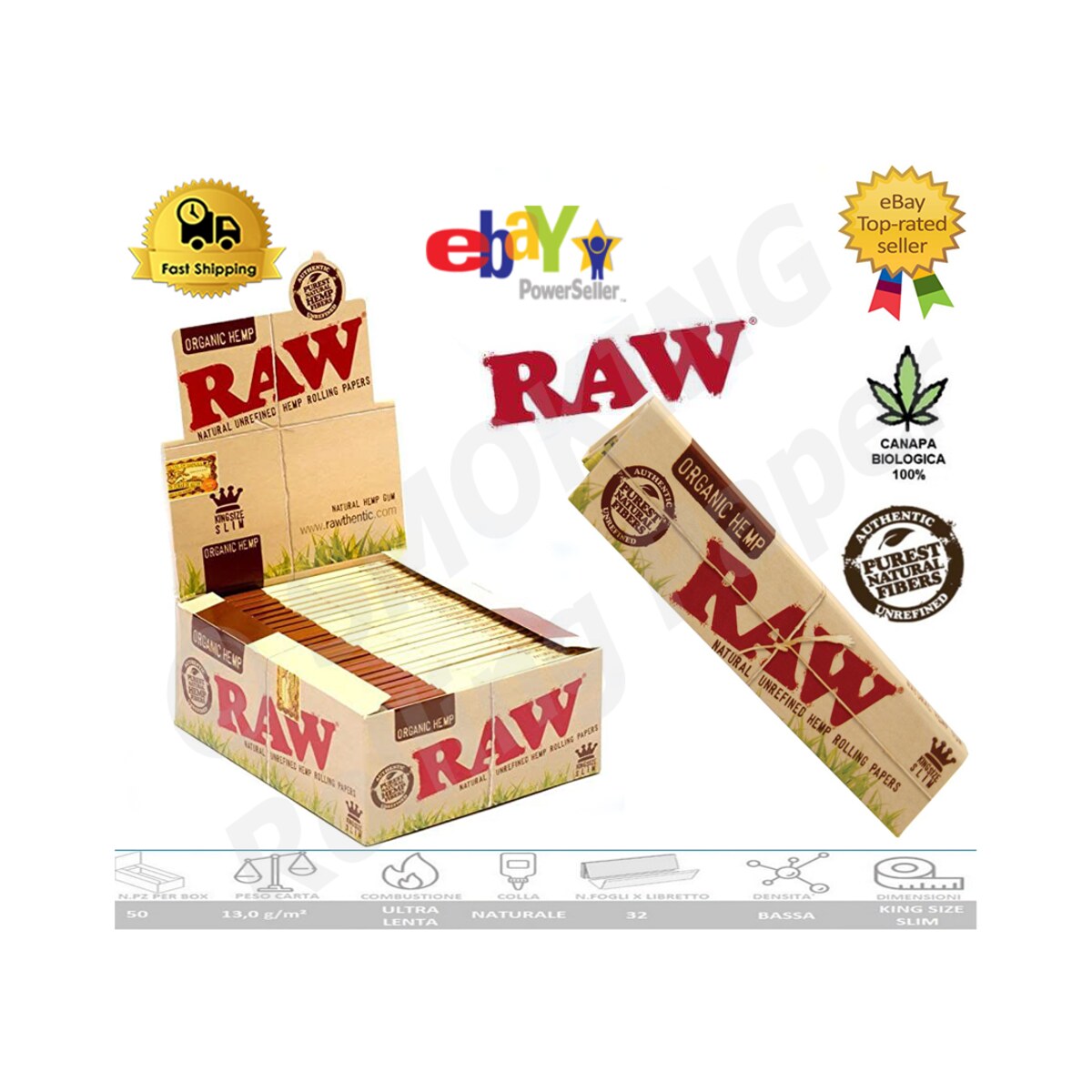 Cartine RAW Organic Hemp – King Size Slim – Canapa – Scatola da 50 Libretti