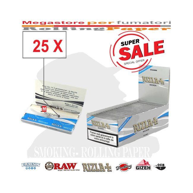 Cartine Rizla+ Micron Corte Doppie – 25 Libretti x 100 = 2500 Cartine