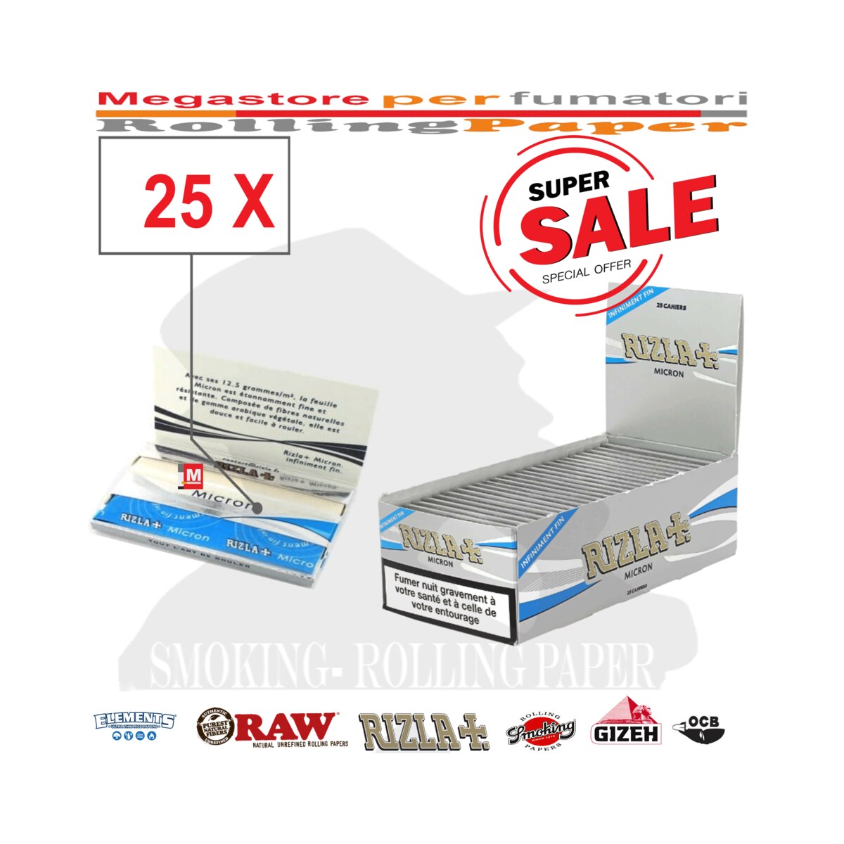 Cartine Rizla+ Micron Corte Doppie – 25 Libretti x 100 = 2500 Cartine