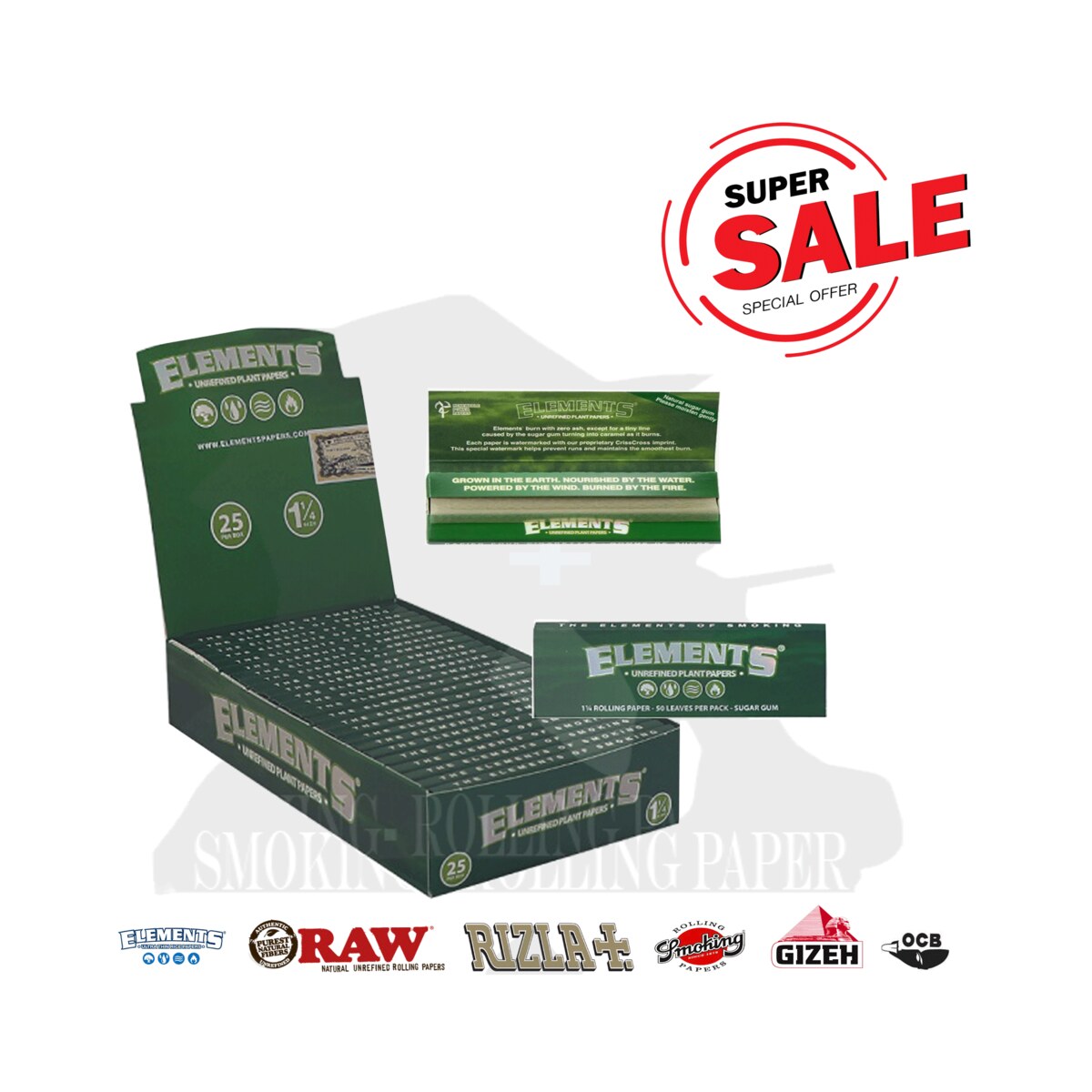 Cartine Elements Medium 1¼ Verdi Unrefined Green – 25 Libretti