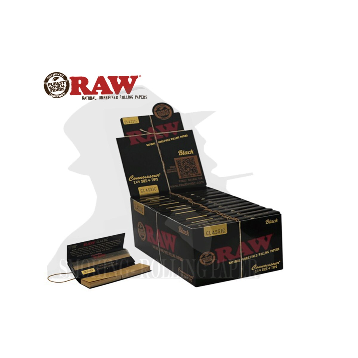 Cartine RAW Medium 1¼ Black Classic Connoisseur con Filtri in Carta – 24 Libretti,
