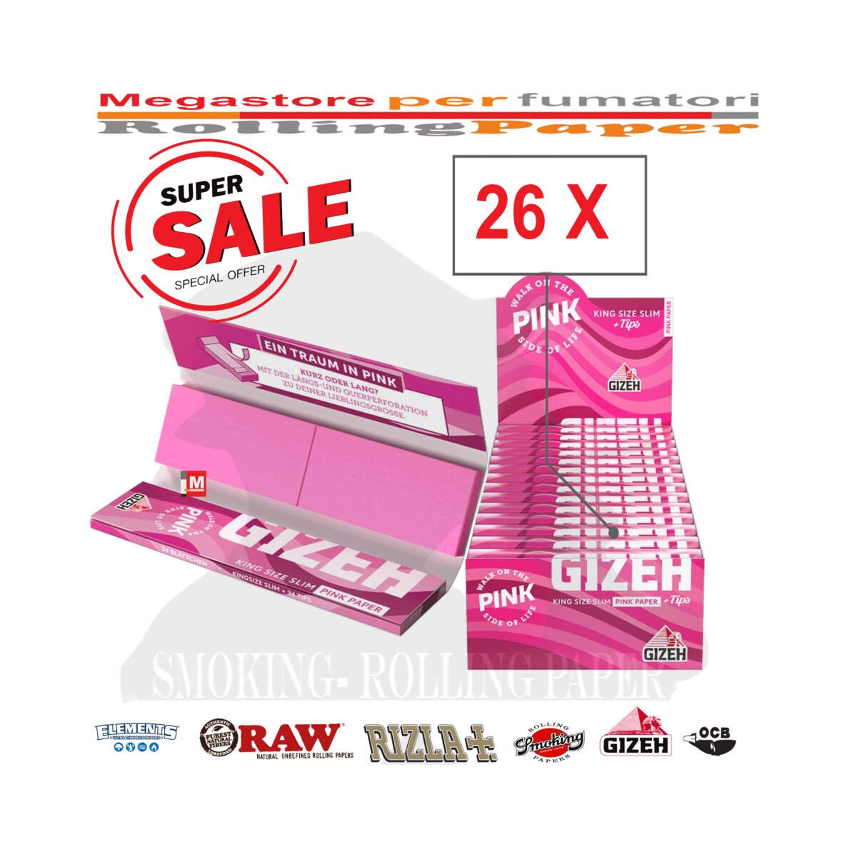 Cartine Gizeh King Size Pink Lunghe Filtri in Carta Da 26 Libretti