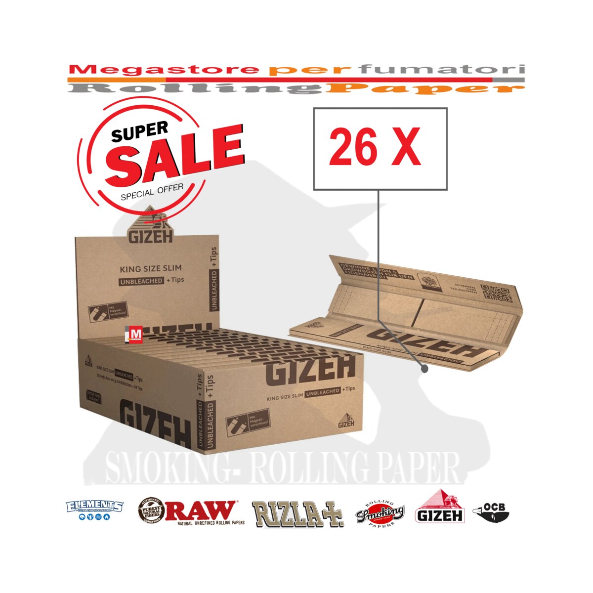 Cartine Gizeh King Size Unbleached Lunghe Filtri in Carta Da 26 Libretti
