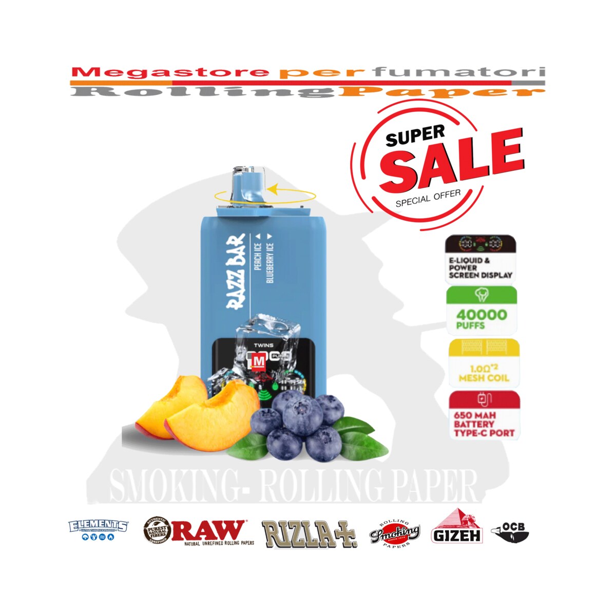 Razz Bar Vape 40000 Tiri Puffs – Ghiaccio alla Pesca & Ghiaccio al Mirtillo