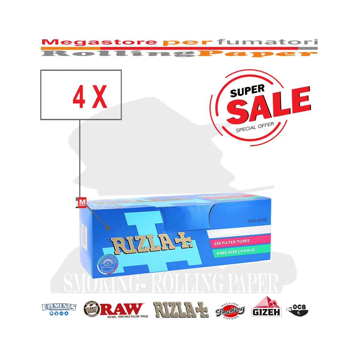 Rizla Tubetti King Size 8mm con Filtro – 4 x Box da 250 Sigarette Vuote | Foto principale prodotto Rizla Tubetti King Size 8mm con Filtro – 4 x Box da 250 Sigarette Vuote