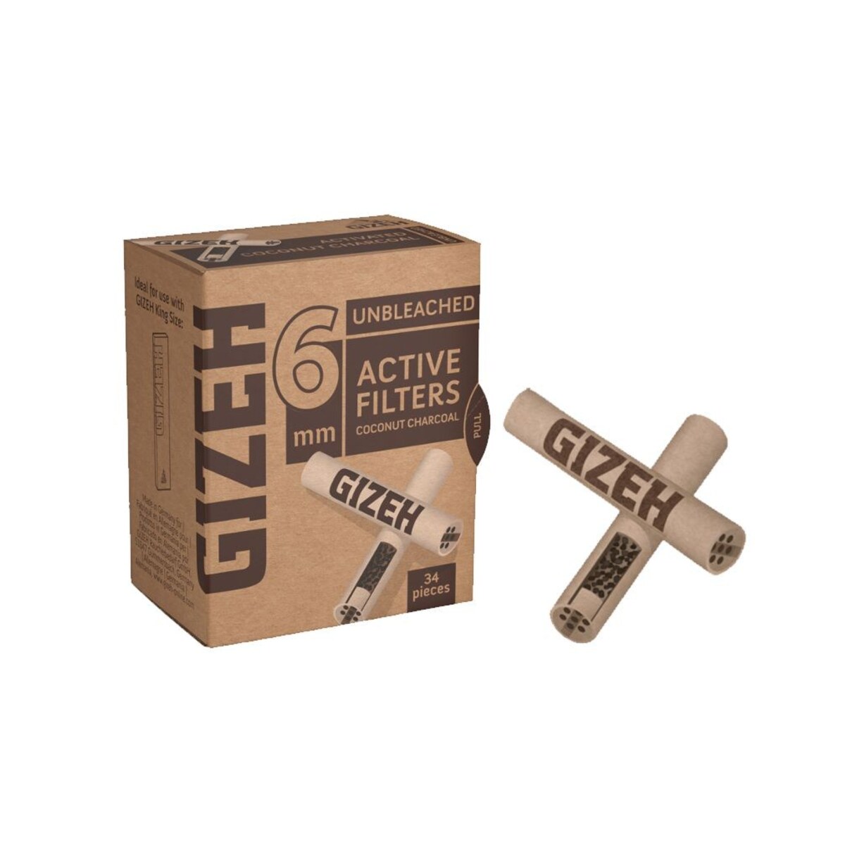 Gizeh Filtri Unbleached ai Carboni Attivi 6mm – Extra Slim – 1 pezzo da 34 filtri