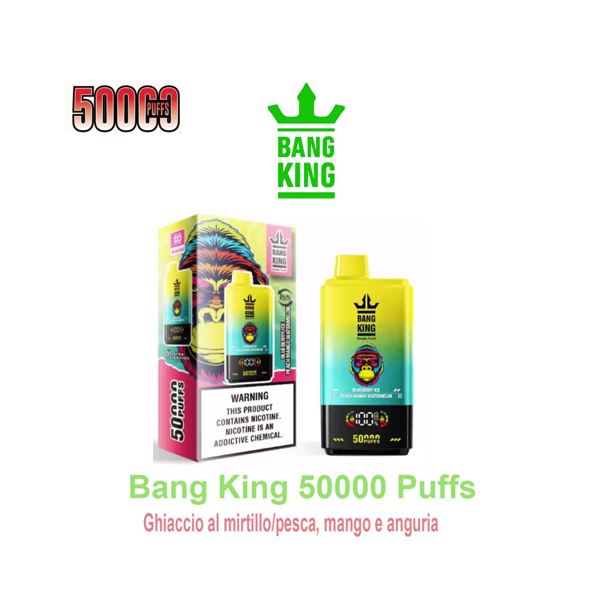 Vape Bang King 50000 Tiri Puff 2 in 1 – Ghiaccio al mirtillo/pesca, mango e anguria