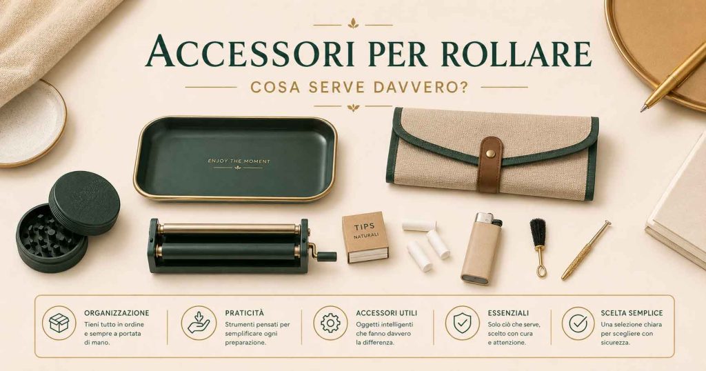 Rolling accessories with rolling papers, filters, tips, cigarette tubes and useful tools