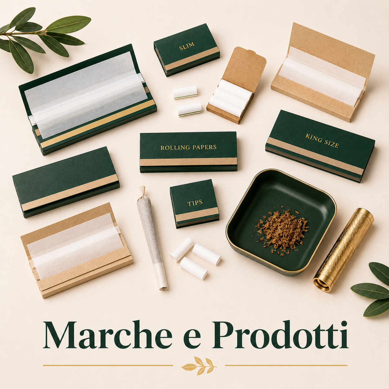 Marchi e prodotti per rollare organizzati su sfondo chiaro