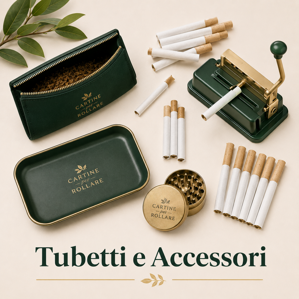 Tubetti e accessori per rollare su sfondo chiaro
